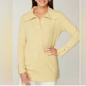 J Jill tunic top white yellow striped collared v neck cotton Large